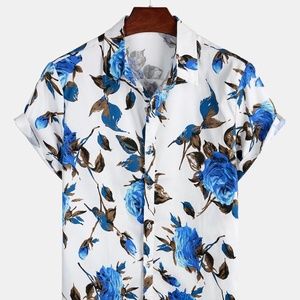 Men's Casual Holiday Cotton Floral Print Short Sleeve Shirt